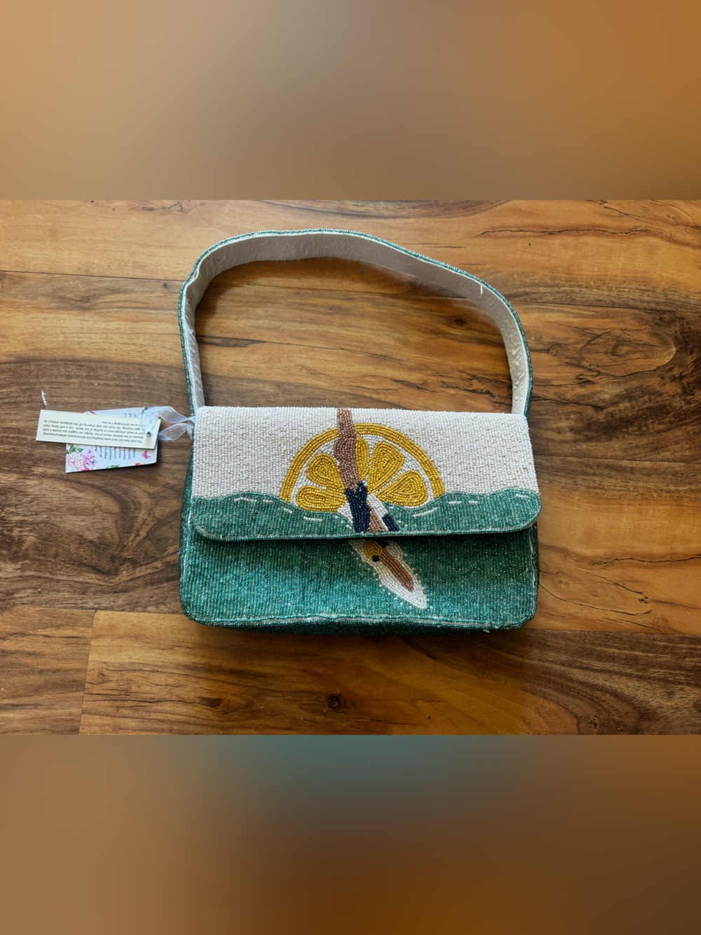 Beaded Lemon Motif Shoulder Bag in Green and Cream